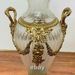 Vintage Pair of Clear Italian Cut Crystal Vases With Gilt Bronze Mounts