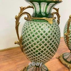Vintage Pair of Large Green Italian Cut Crystal Gilded Ormolu Mounted Vases