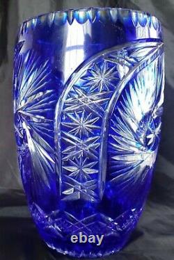 Vintage Poland Bohemian Cobalt Blue Cut to Clear Crystal 10 Vase Exquisite