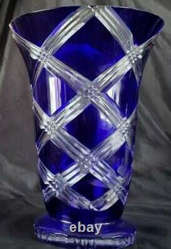 Vintage Poland Bohemian Cobalt Blue Cut to Clear Crystal 12 Vase Exquisite