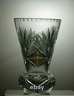 Vintage Rare Bohemia Crystal Cut To Clear Amber And Clear Vase 9 Tall