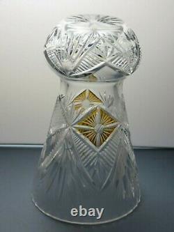 Vintage Rare Bohemia Crystal Cut To Clear Amber And Clear Vase 9 Tall