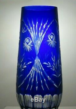 Vintage Rare Bohemia Crystal Cut To Clear Cobalt Blue Vase 11 3/4 Tall