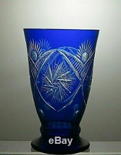 Vintage Rare Bohemia Crystal Cut To Clear Cobalt Blue Vase 7 Tall