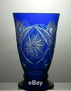 Vintage Rare Bohemia Crystal Cut To Clear Cobalt Blue Vase 7 Tall
