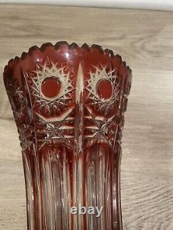 Vintage Red/ruby Crystal Cut To Clear Czech Vase 10 Inches Tall Bohemian