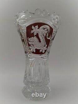 Vintage Scalloped, Etched & Deep Cut Dragon Motif Vase 9H, 5-1/2W, 3.25 base