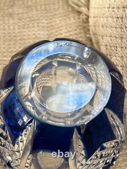 Vintage Signed Val St. Lambert Cut Glass Crystal Blue & Clear Vase 4.50