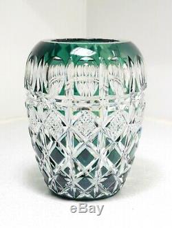 Vintage Signed Val st Lambert Emerald Green Cut Crystal Vase Belgium