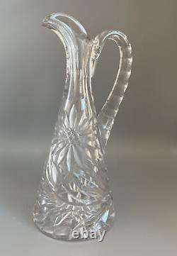 Vintage Small PITCHER Clear Crystal Cut Glass withLarge Etched Flowers Signed LIG