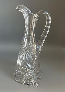 Vintage Small PITCHER Clear Crystal Cut Glass withLarge Etched Flowers Signed LIG