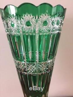 Vintage Tall Czech Bohemian Emerald Green Cut to Clear Crystal Vase