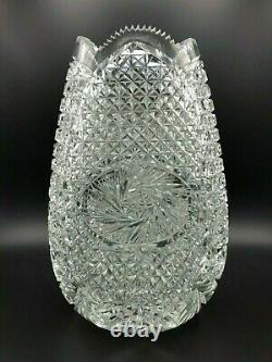 Vintage Turkish Hand Cut Crystal Glass Vase Sawtooth Rim, Signed by Artist