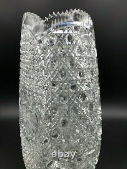 Vintage Turkish Hand Cut Crystal Glass Vase Sawtooth Rim, Signed by Artist