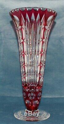Vintage Val St Lambert 11 Cranberry Red Cut to Clear Crystal Cut Trumpet Vase