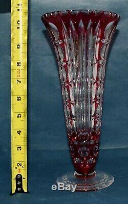 Vintage Val St Lambert 11 Cranberry Red Cut to Clear Crystal Cut Trumpet Vase