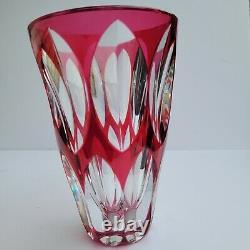 Vintage Val St Lambert Crystal Cut to Clear Cranberry Glass Vase SIGNED 8 RARE