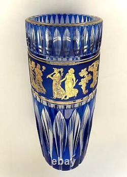 Vintage Val St Lambert Crystal Gold Danse de Flore Cobalt Blue Cut to Clear Vase