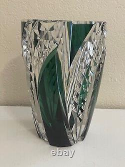 Vintage Val St. Lambert Cut Glass Crystal Emerald Green & Clear Vase 9