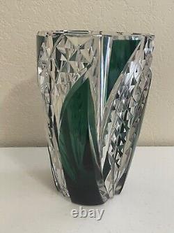 Vintage Val St. Lambert Cut Glass Crystal Emerald Green & Clear Vase 9