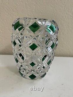 Vintage Val St. Lambert Emerald Green & Clear Cut Crystal Glass Vase