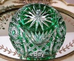 Vintage Val St Lambert Green Cut to Clear Crystal Rose Bowl Vase, EXCELLENT