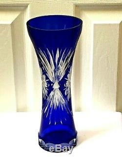 Vintage Vase Bohemian Cobalt Blue Cut To Clear Crystal 10 1/2 Beautiful Mint