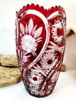 Vintage Vase Crystal Cranberry Ruby Red Cut To Clear Bohemian Flowers Stars 10