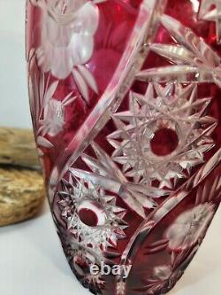 Vintage Vase Crystal Cranberry Ruby Red Cut To Clear Bohemian Flowers Stars 10