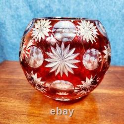 Vintage Vase Crystal Cranberry Ruby Red Cut To Clear Bohemian Stars 7.5 Bowl