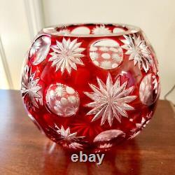 Vintage Vase Crystal Cranberry Ruby Red Cut To Clear Bohemian Stars 7.5 Bowl