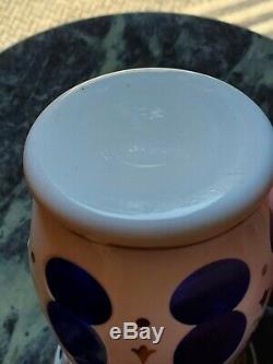 Vintage White Blue Cut to Cobalt Crystal Hand Painted Bohemian Glass Small Vase