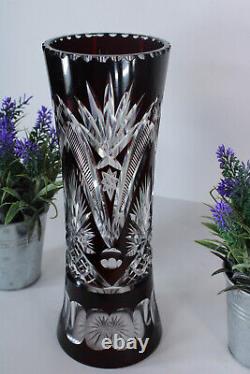 Vintage bohemia crystal glass vase dark purple very detailed cut