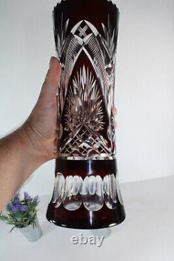 Vintage bohemia crystal glass vase dark purple very detailed cut