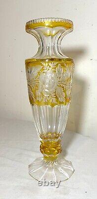 Vintage handmade yellow Czech cut to clear crystal glass tall ornate flower vase
