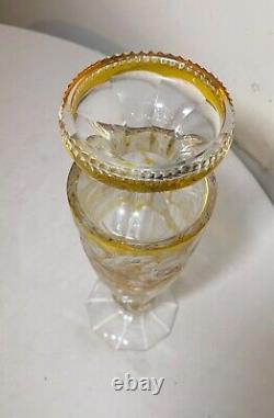 Vintage handmade yellow Czech cut to clear crystal glass tall ornate flower vase