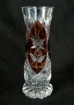 Vintage heavy full lead Amber to clear cut crystal Roses vase 11.5 inches