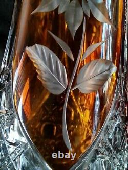 Vintage heavy full lead Amber to clear cut crystal Roses vase 11.5 inches