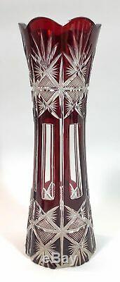 Vintage tall Czech Bohemian Crystal vase cut to clear ruby red cranberry pink