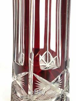 Vintage tall Czech Bohemian Crystal vase cut to clear ruby red cranberry pink