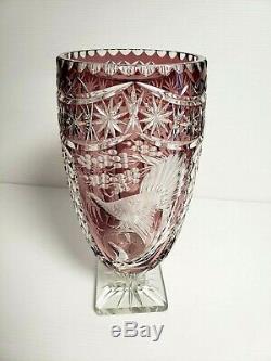 Vtg AMETHYST Large 13 Cut to Clear Turkey Footed Bohemian Czech Crystal Vase