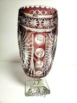 Vtg AMETHYST Large 13 Cut to Clear Turkey Footed Bohemian Czech Crystal Vase
