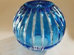 Vtg Ajka Azure blue cut to clear large crystal Prionnseas rose Vase Bowl Exc