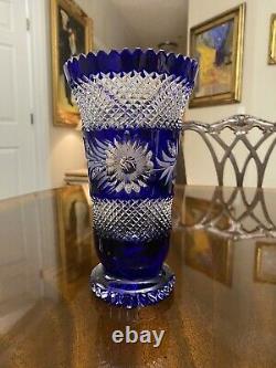 Vtg Bavarian Cobalt Blue Cut to Clear Heavy Crystal Vase Intaglio Flowers