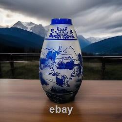 Vtg Blue Peking Cut Etched Glass Vase Cut Cobalt Crystal Large Chinese Asian