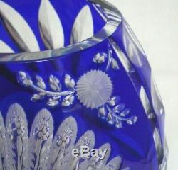 Vtg Bohemian Czech Blue Cut To Clear Crystal Peacock Pedestal Vase 14 1950's