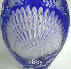 Vtg Bohemian Czech Blue Cut To Clear Crystal Peacock Pedestal Vase 14 1950's