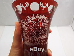 Vtg Bohemian Czech Ruby Red Cut to Clear Flared Crystal Glass Vase, Birds, 6 1/4