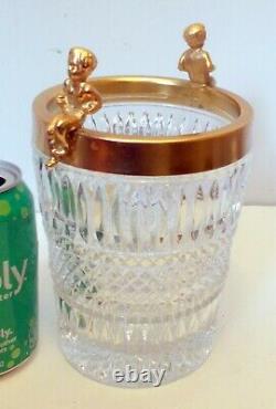 Vtg CUT Glass CRYSTAL Champagne Wine Ice Bucket VASE Gold Plated CHERUBS PUTTI