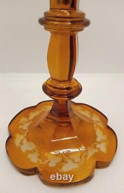WOW! Bohemian Amber Cut to Clear Etched Trumpet Crystal 12 Vase Leaves Grapes